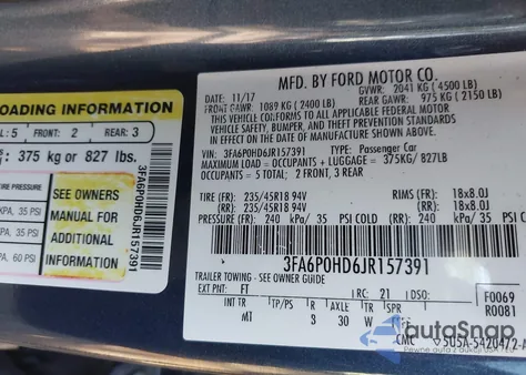 2018 Ford Fusion Se z USA, uszkodzony, nr VIN 3FA6P0HD6JR157391